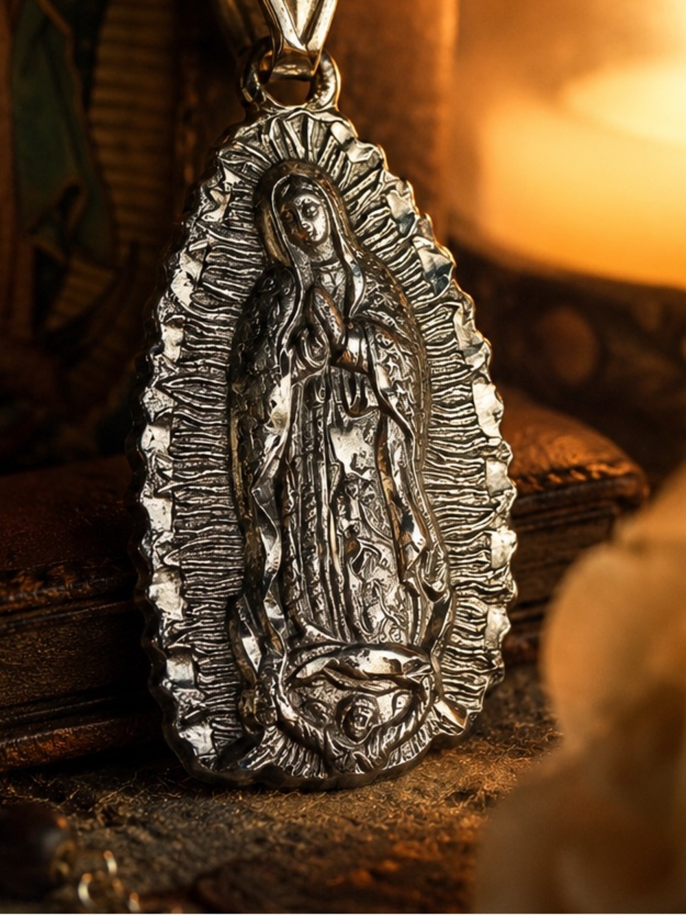 Vintage 925 Sterling Our Lady of Guadalupe Pendant Diamond Cut Catholic Medal